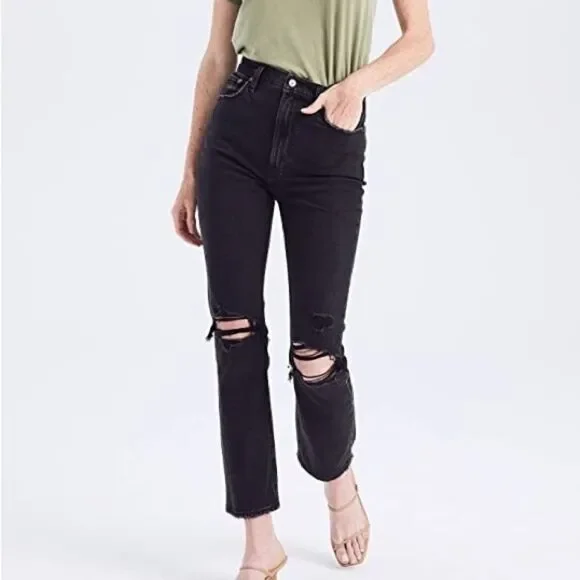 Abercrombie and Fitch Ankle Straight Ultra High Rise Black Distressed Jeans
