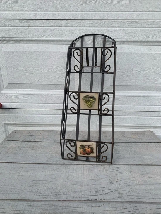 Vintage Wrought Iron Wall Rack 3 Tier Shelf Fruit Tile Mail Magazine Organizer