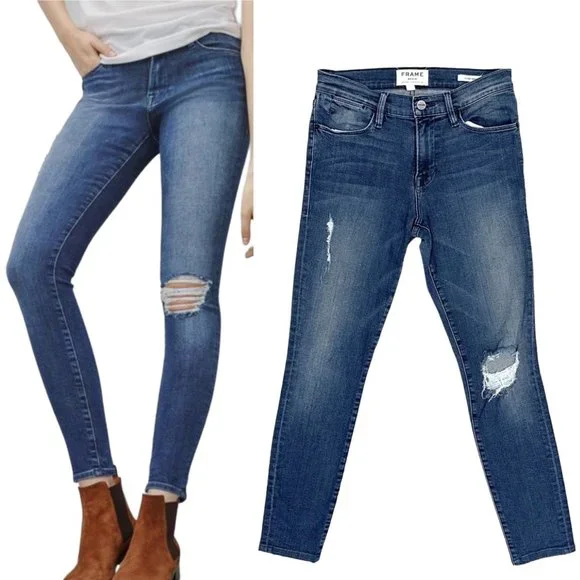 Frame Le High Rise Distressed Skinny Jeans in Endell Dark Wash Denim Size 26