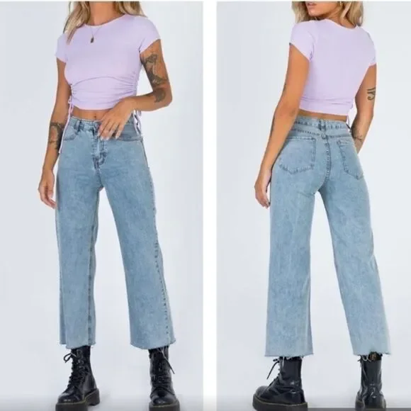 Princess Polly Helena Wide-Leg Crop Raw Hem Jeans