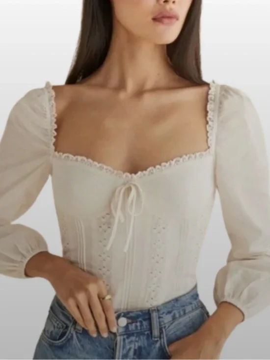 Reformation Isadora Top Ivory Eyelet Lace Smocked Cottagecore Blouse Size 6