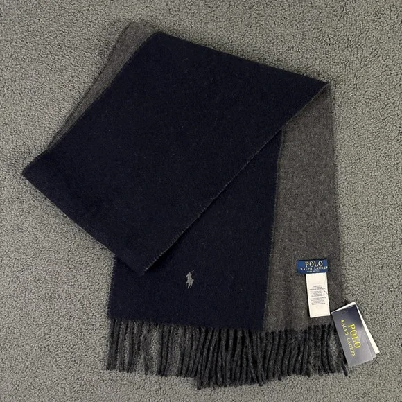 Polo Ralph Lauren Wool Scarf One Size Reversible Blue Gray Pony Fringe Italy
