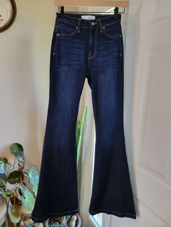 Kancan Dark Blue Wash High Rise Super Flare Jeans, Size Womens 3/25