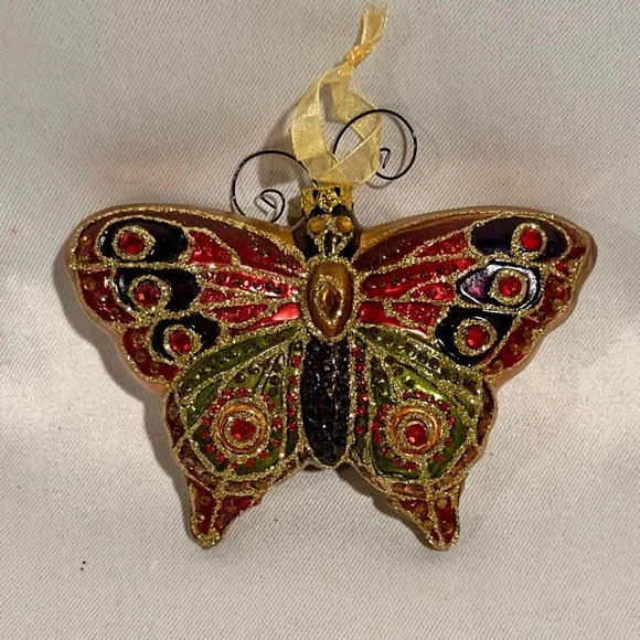 Vintage Blown Glass Butterfly Glitter Coquette Christmas Ornament