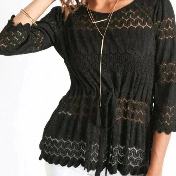 #176 FREE PEOPLE FIRE ISLAND BLACK CROCHET KNIT SCALLOP HEM BLOUSE SIZE LARGE