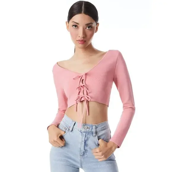 ALICE AND OLIVIA Sharee Top Womens Medium Pink Tie Knit Crop V Neck Long Sleeve