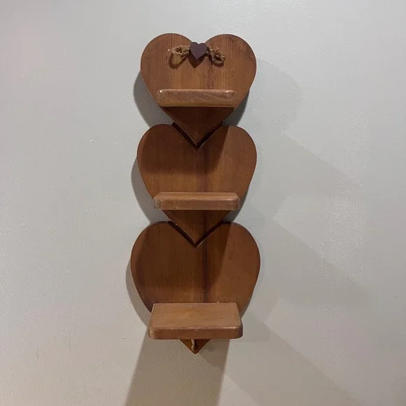 Vtg Country Primitive Wooden Triple Heart Wall Shelf Rustic Farmhouse Decor 20