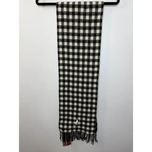 Polo Ralph Lauren Lamb Wool bBlack White Gingham Plaid Fringe Scarf New