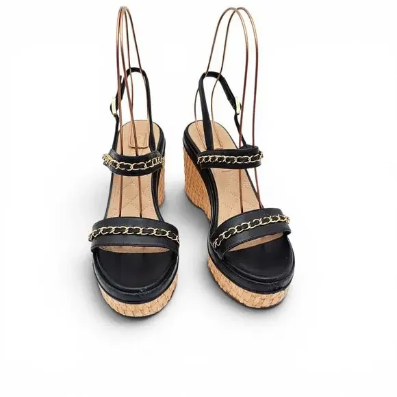 Chanel CC Chain Black Leather Platform Wedge Sandal Gold Brown Size 39 8 8.5