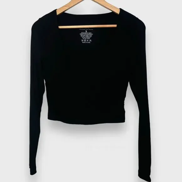 Klassy Network Brami Top L Black Ribbed Bamboo Long Sleeve Scoop Neck Minimalist