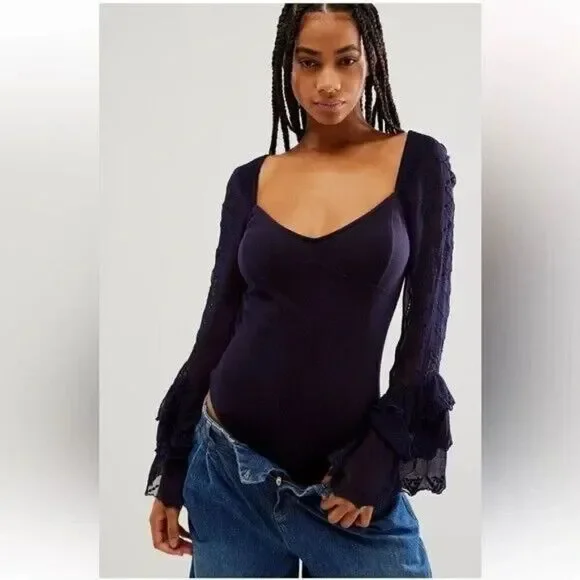 Free People Enchanted By You Bodysuit‎ Womens Medium Navy Ruffle Sleeve V Neck
