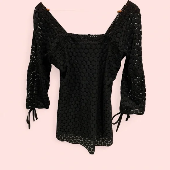 Witchy whimsigoth crochet lace square neck 3/4 tie sleeve blouse boho fairy