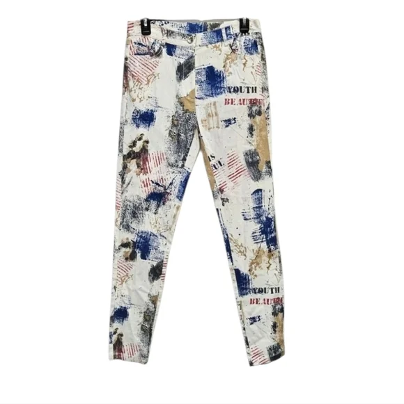 Simon Chang Graffiti Jeans Multicolored 97% Cotton 3% Spandex Sz 6