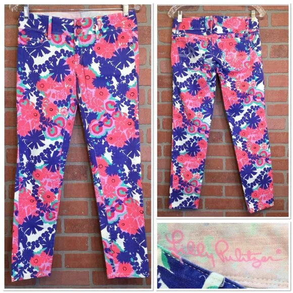 Lilly Pulitzer Worth Skinny Mini Floral Print Jeans Size 00 Multicolor Preppy