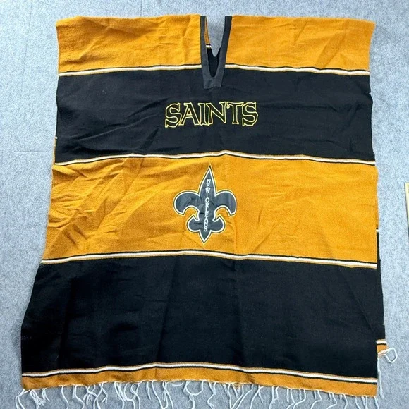 New Orleans Saints NFL Poncho Mexican Serape Black Gold Striped Fringed One Size