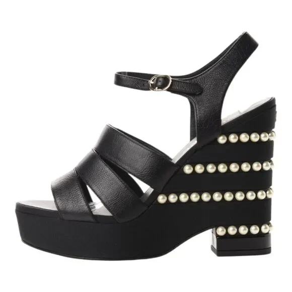 Chanel Calfskin Grosgrain Pearl Wedge‎ Sandals Size EU 38.5 Black