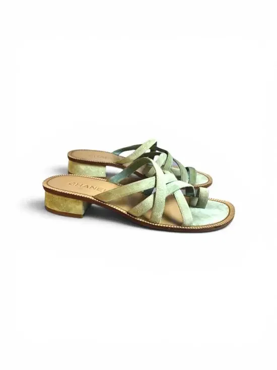 Chanel 18C Paris Greece CC Suede Slide Mule Sandals Seafoam 38.5 Rare