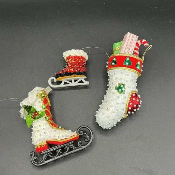 Christmas Push Pin Ornament Satin Sequin Bead Ice Skate Stockin Handmade VTG SET