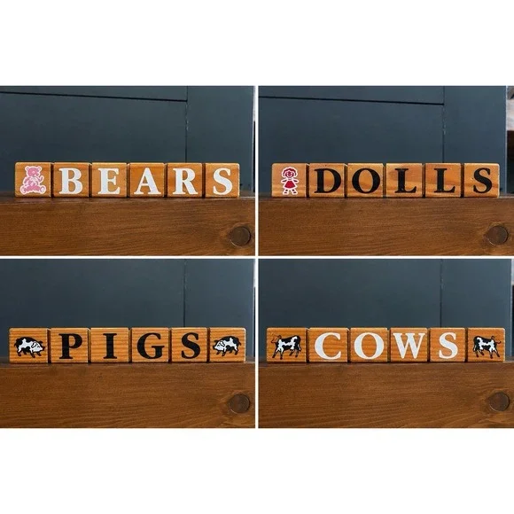 Wooden Word Blocks Shelf Sitter PIGS BEARS COWS DOLLS Farmhouse Decor VTG