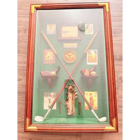 Vintage Golf Shadow Box Wall Decor Framed Clubs Balls Man Cave Display