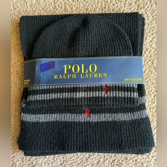 New Polo by Ralph Lauren Scarf and Hat Set in Gray and Black NWT