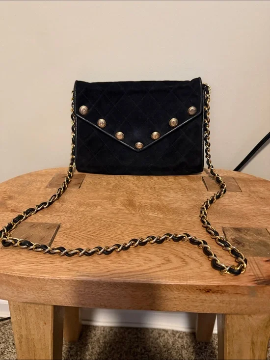 Vintage Chanel Black Suede Crossbody Flap Bag