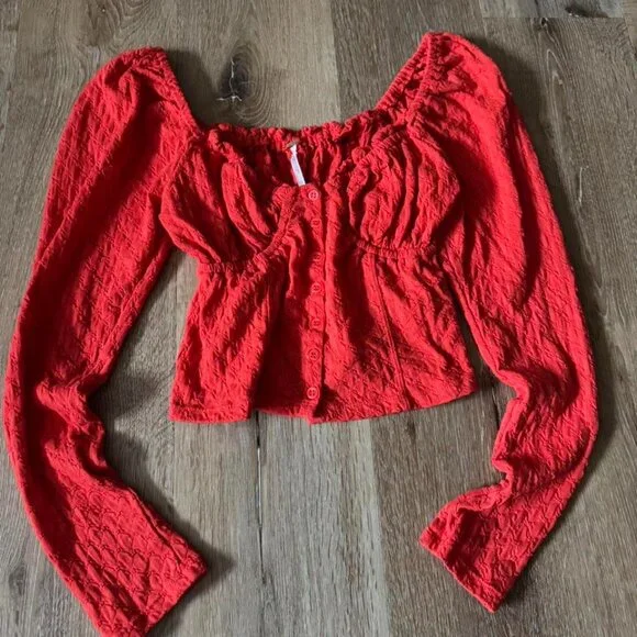 Free People Red Ladybug‎ Long Sleeve Top Size M
