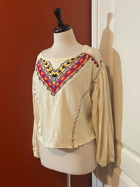 Free People Women’s NWT Hand Me Down Cropped Colorful Bohemian Ivory Boho Top