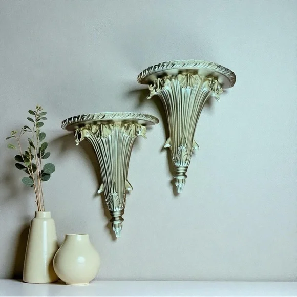 Vintage gold  flute shaped  sconces, display shelves shelf, sconces