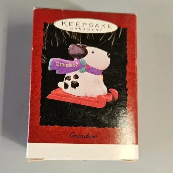 Vintage 1996 Hallmark Keepsake GRANDSON Cute Dog on a Sled