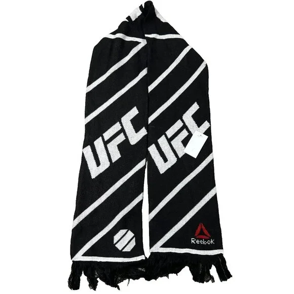 Reebok Unisex One Size Black White Knit Winter Fringe MMA Fan UFC Logo Scarf NWT