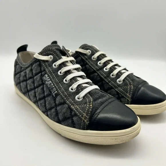 Chanel quilted denim leather lined low top sneakers shoes authentic 38