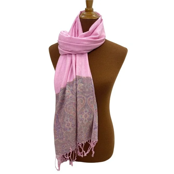 Pashmina Scarf Light Pink‎ Fringe Lavender Blue Paisley Design Soft Rectangle