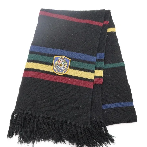 Harry Potter Hogwarts Crest Knit Scarf OS Black Multi Color Striped Fringe‎