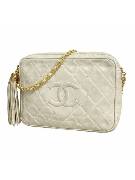 Chanel Shoulder Bag Quilted Lambskin White Gold