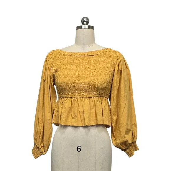 Free People Mustard Yellow Smocked Peplum Balloon Sleeve Top Size XS
