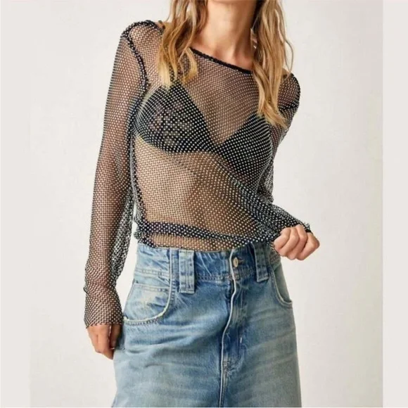 NEW Free People Filter Finish Long Sleeve Netted Rhinestone Top Navy