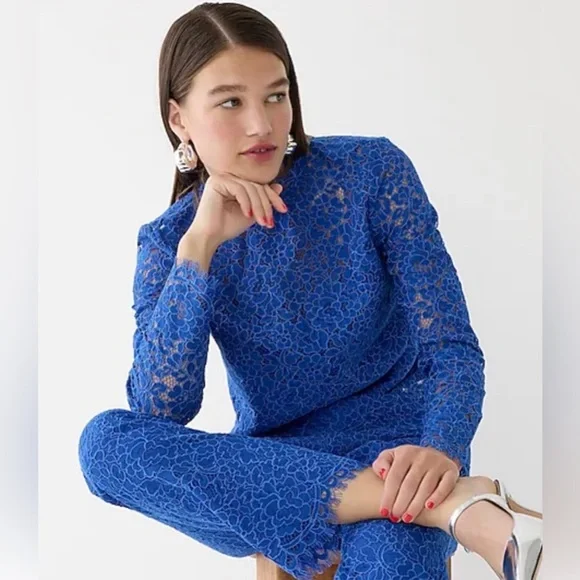 •J.CREW• Regal Blue Scalloped Lace Long Sleeve‎ Mockneck Top Blouse Size 6
