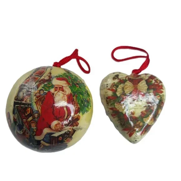 Vtg Victorian Decoupage Ornaments of Santa Claus and Christmas Wreath