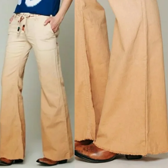 Rare Free People Beige Tan Ombre Linen Low Rise Raw Cut Bell Bottom Jeans