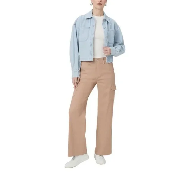 NWT PAIGE Carly Coated High Waist Wide Leg Jeans in latte Size 27