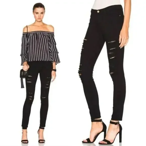 Frame Le Skinny de Jeanne Black Distressed Low Rise Denim Jeans 24