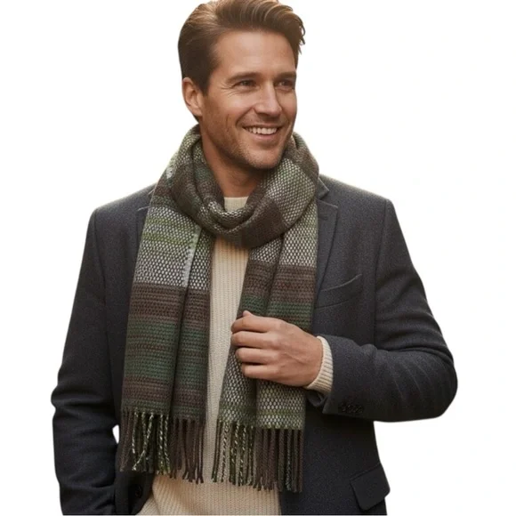 Banana Republic Wool Blend Scarf Green Brown & Cream Long Fringed Winter Scarf
