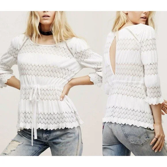 Free People Fire Island Top S White Crochet Boho Peasant Festival Blouse