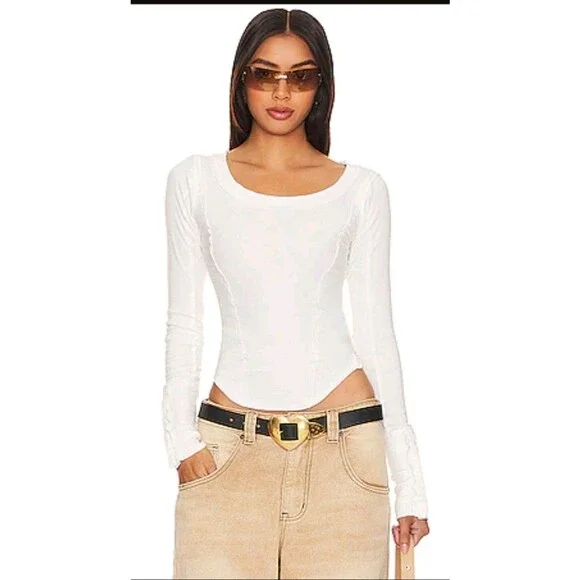 Free People We The Free Long Sleeve Top Scoop Neck White XS Raw Seam Shirt Boho