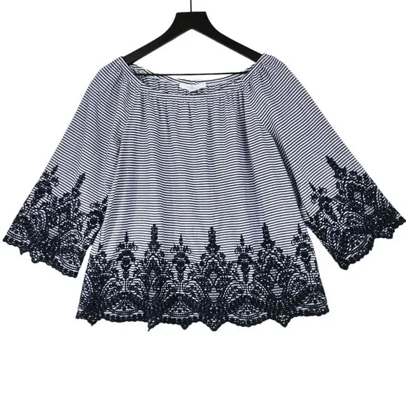 Fever Women's Navy Striped Blouse Large Embroidered Eyelets Boho Peasant Cottage
