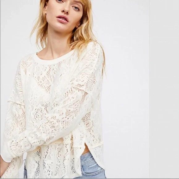 NWT FREE PEOPLE NOT COLD IN THIS LONG SLEEVE SHEER KNIT‎ TOP IVORY Boho Romantic