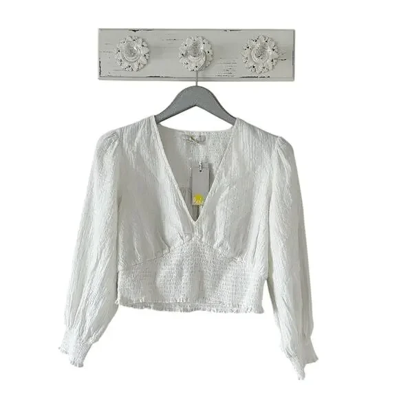 Boden Lurex Smocked Crop Top Ivory Crinkle NEW