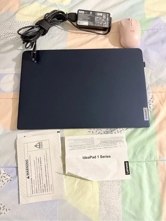 Lenovo Navy Blue Laptop with Charger and Pink Mouse