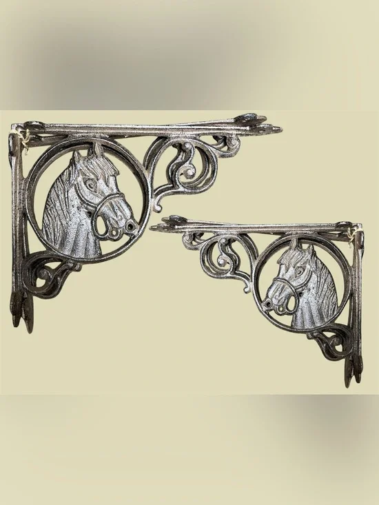 Vintage Decorative Horse Head Cast Iron Shelf Brackets - Pair